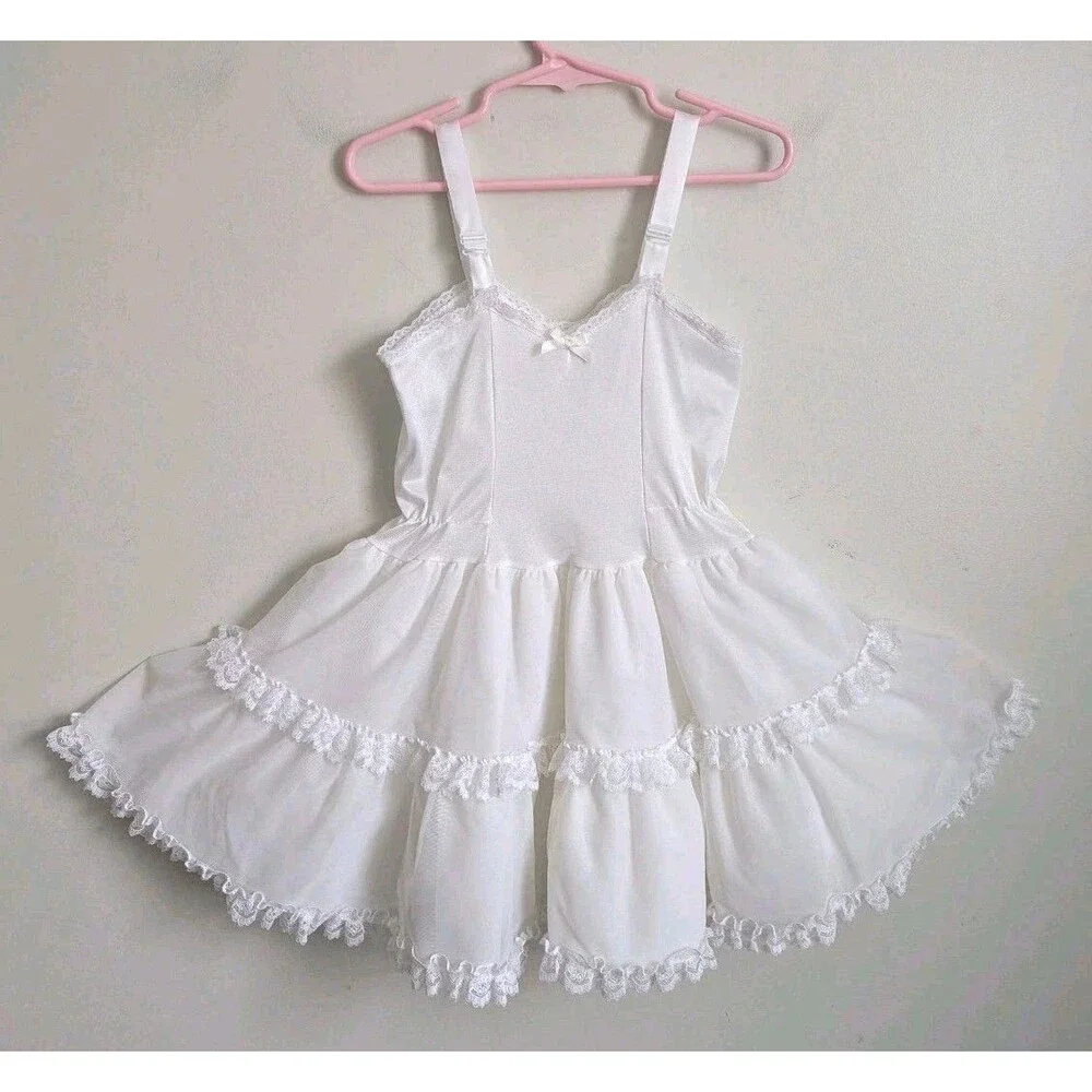 Vintage Little Girls Full Slip White Nylon Petticoat Sz 4 Full Circle Tiered USA